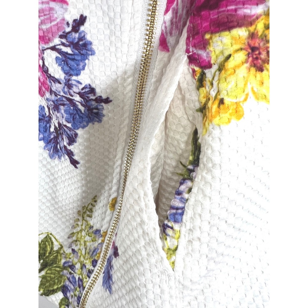 Susan Graver Floral Moto Jacket White Textured Waffle Knit Asymmetric Zip Size 6 - Picture 7 of 15